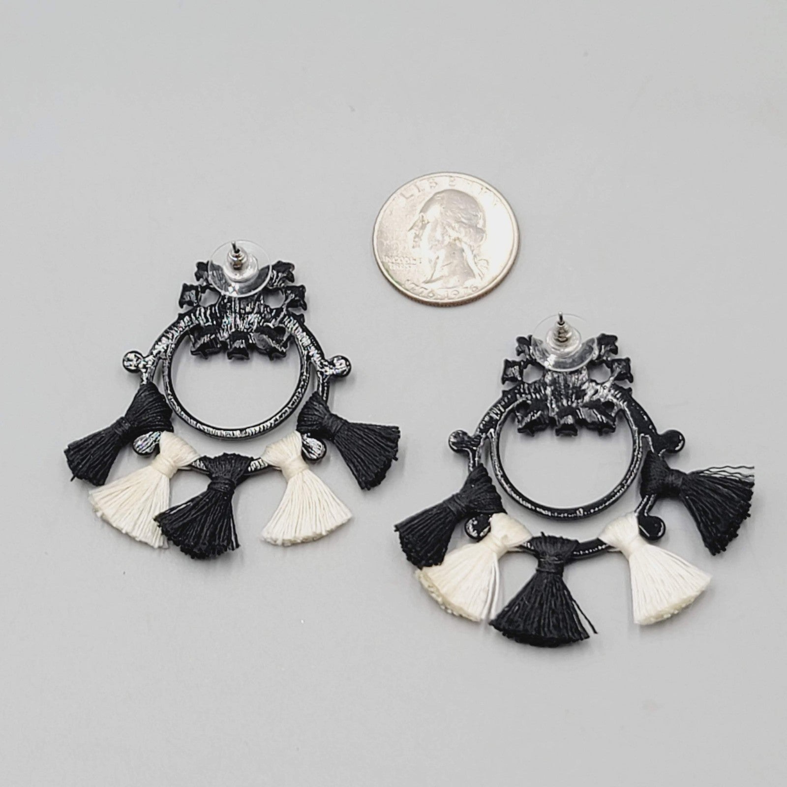 Black White Tassel Statement Pierced Earrings Boho Statement Drop Enamel 2"