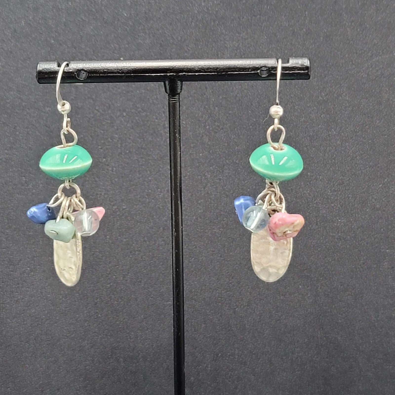 Pierced Earrings Silver tone Dangle Mixed Multicolor Cluster Beads 1.5"