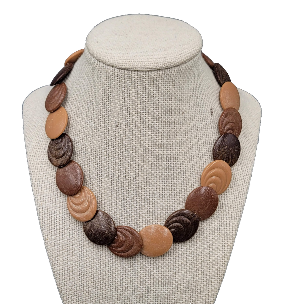 Vintage Necklace Brown Disc Bead Choker 1980s 16"