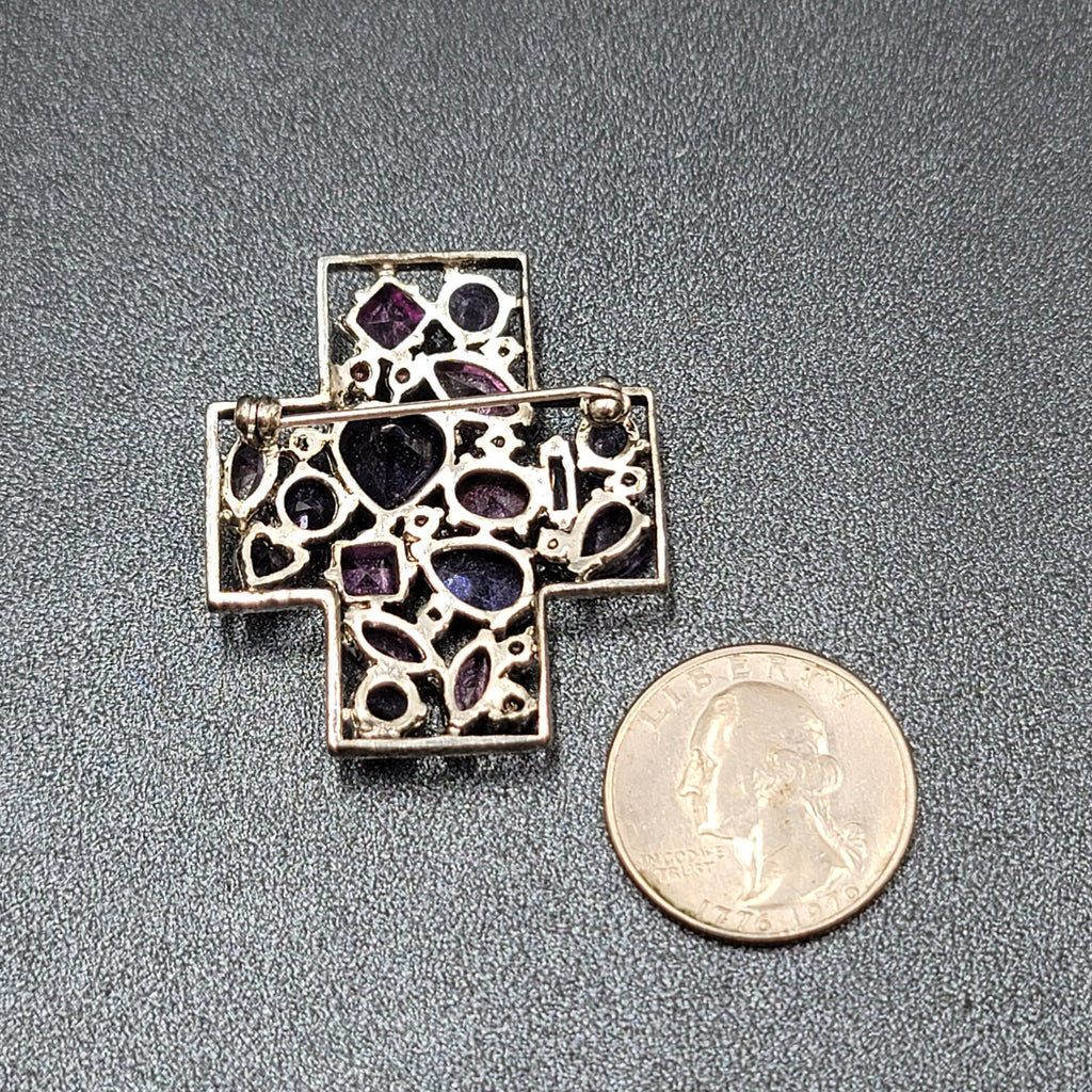 Rhinestone Brooch Purple Prong Set Heart Silver tone Cross Estate Jewelry 1 5/8"