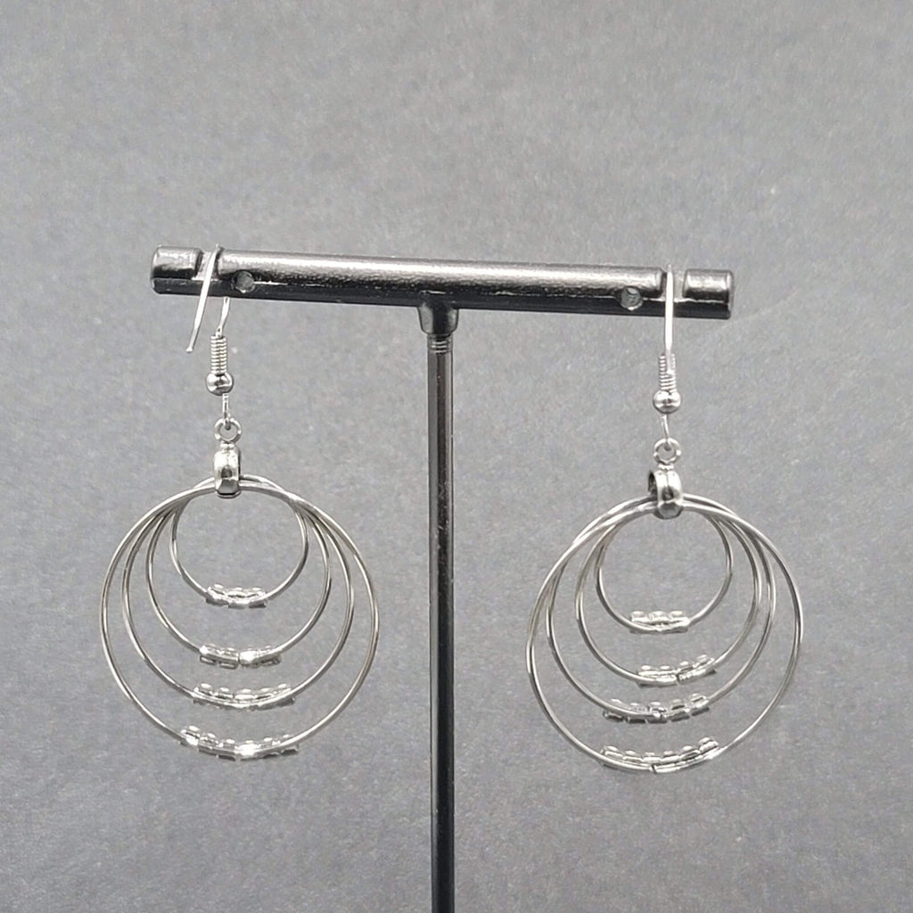 Pierced Earrings Black Metal Crystal Layered Hoops Dangle 1.75"