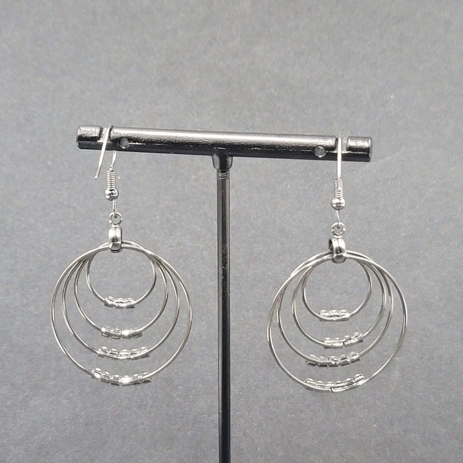 Pierced Earrings Black Metal Crystal Layered Hoops Dangle 1.75"