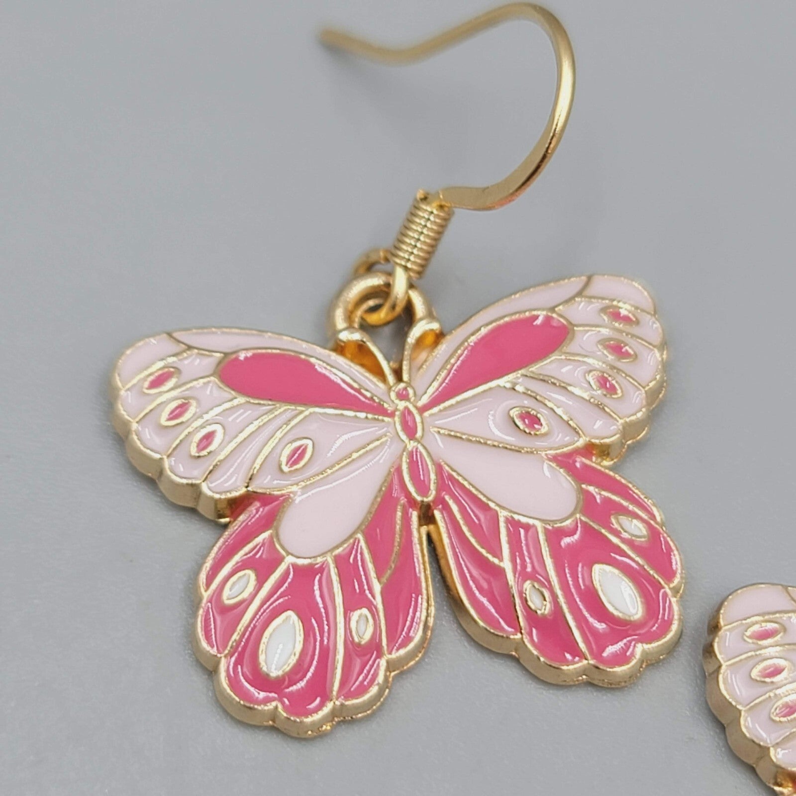 Moth Pink Enamel Pierced Earrings Gold tone Dangle Butterfly 3/4"