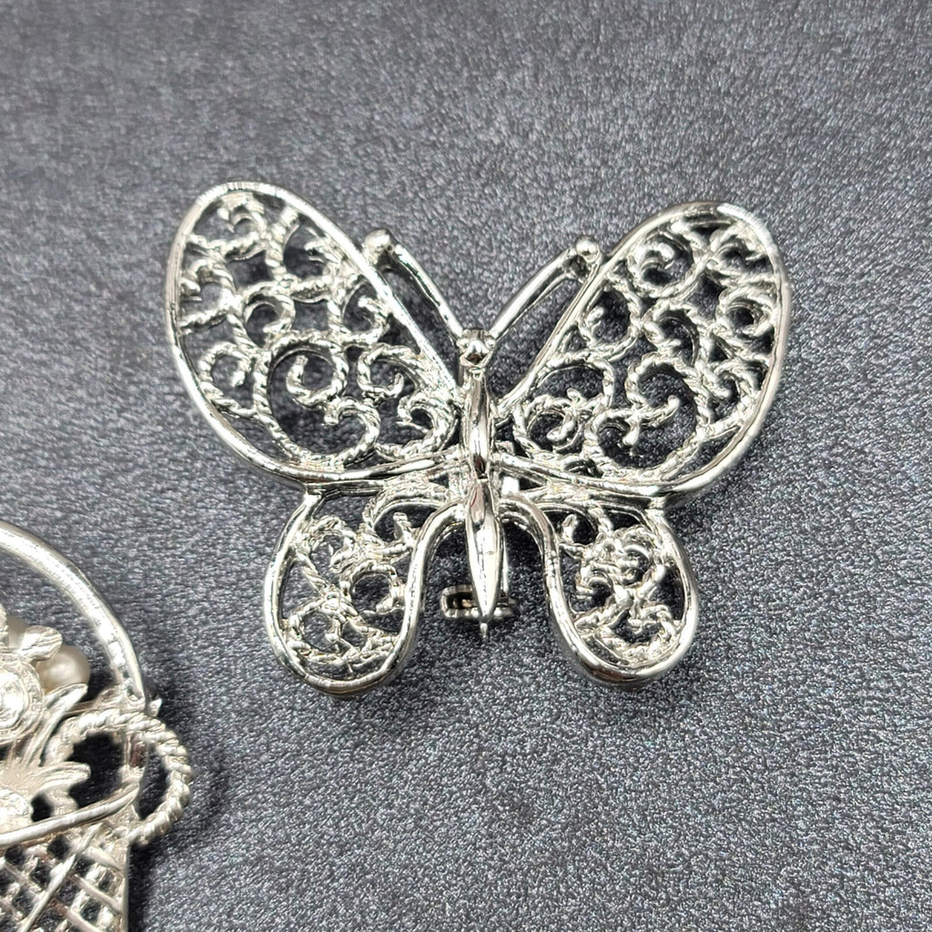 Vintage Brooch Lot of 2 Silver tone Basket of Flowers Filigree Butterfly