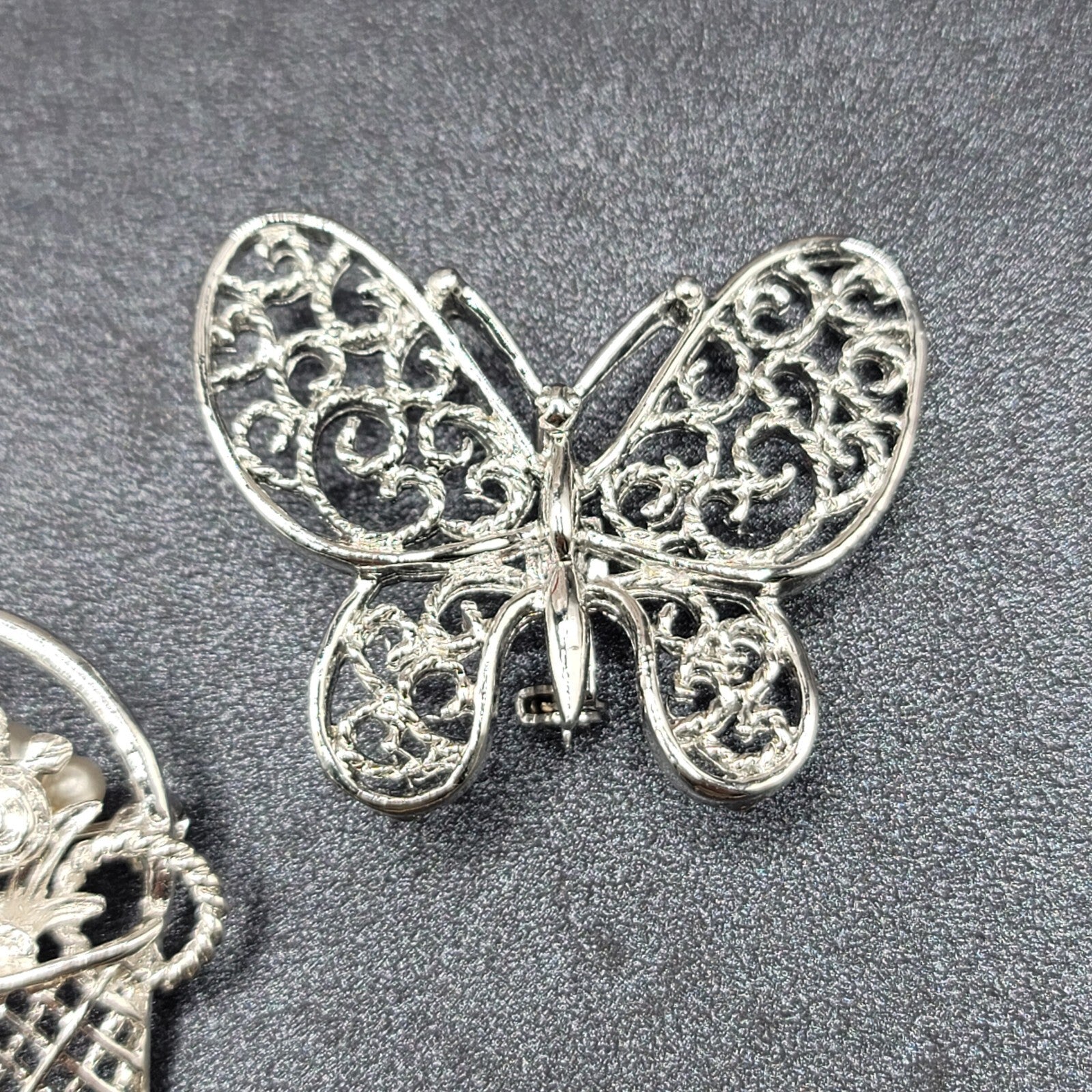 Vintage Brooch Lot of 2 Silver tone Basket of Flowers Filigree Butterfly