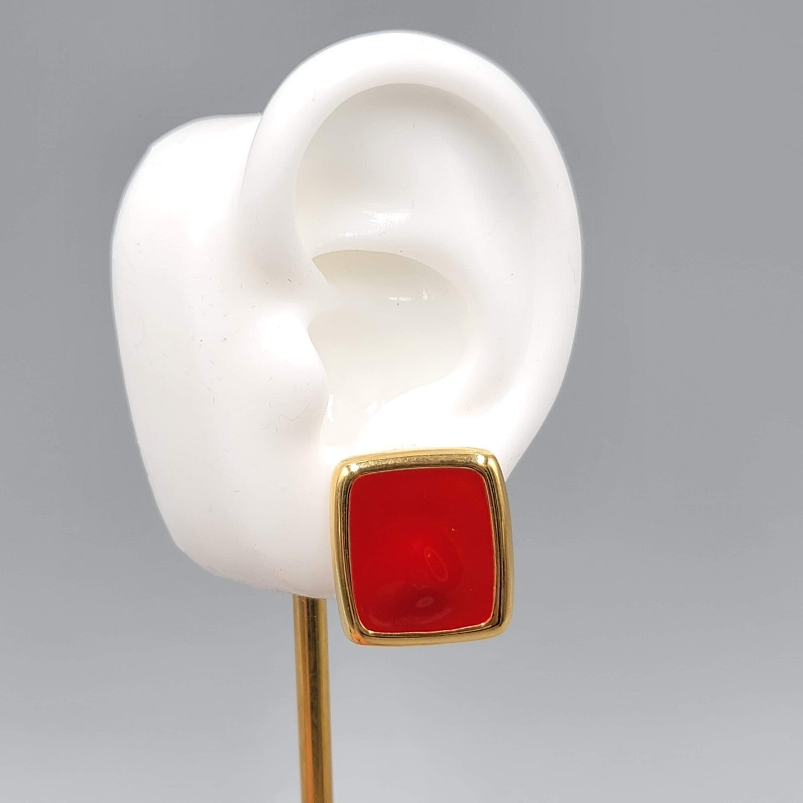 Vintage Monet Pierced Earrings Red Enamel Gold Plated Rectangle Drop 7/8"