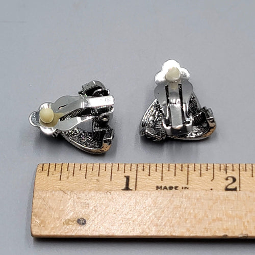 Black Enamel Open Triangle Rhinestone Clip on Earrings Silver tone 3/4"