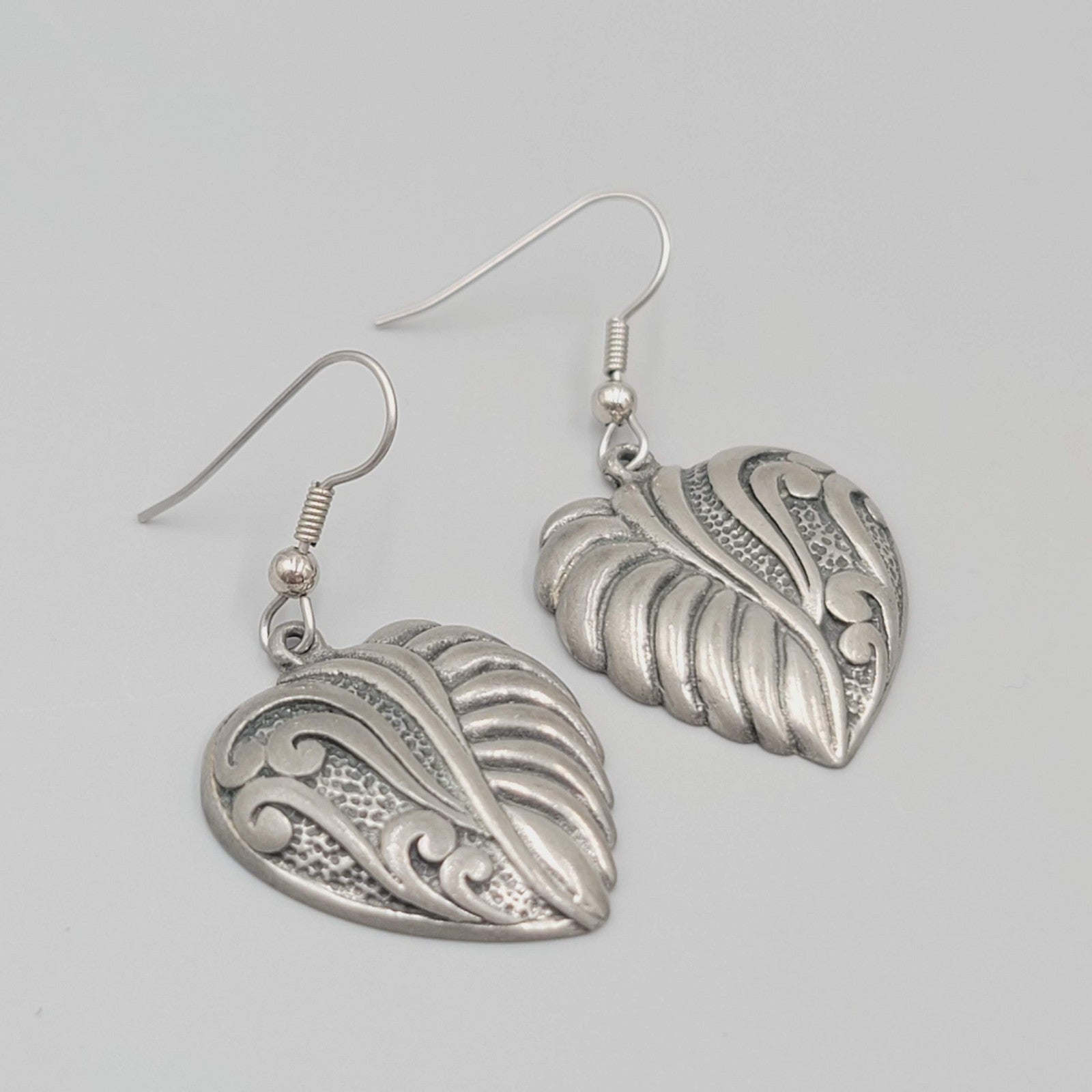 Vintage EGE Pewter Heart Pierced Earrings Dangle 1.25"