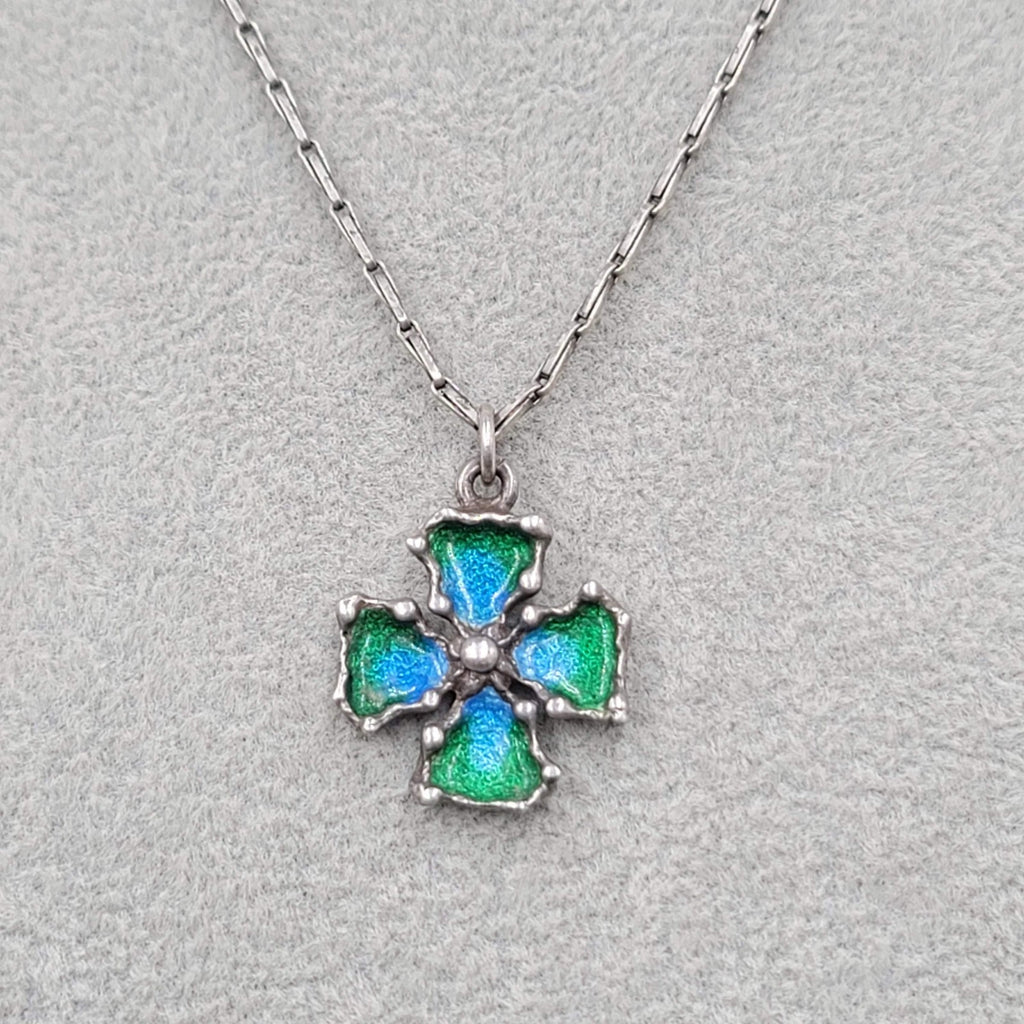 Vintage Signed Enamel Cross Pendant Sterling Silver Necklace 925   16 in