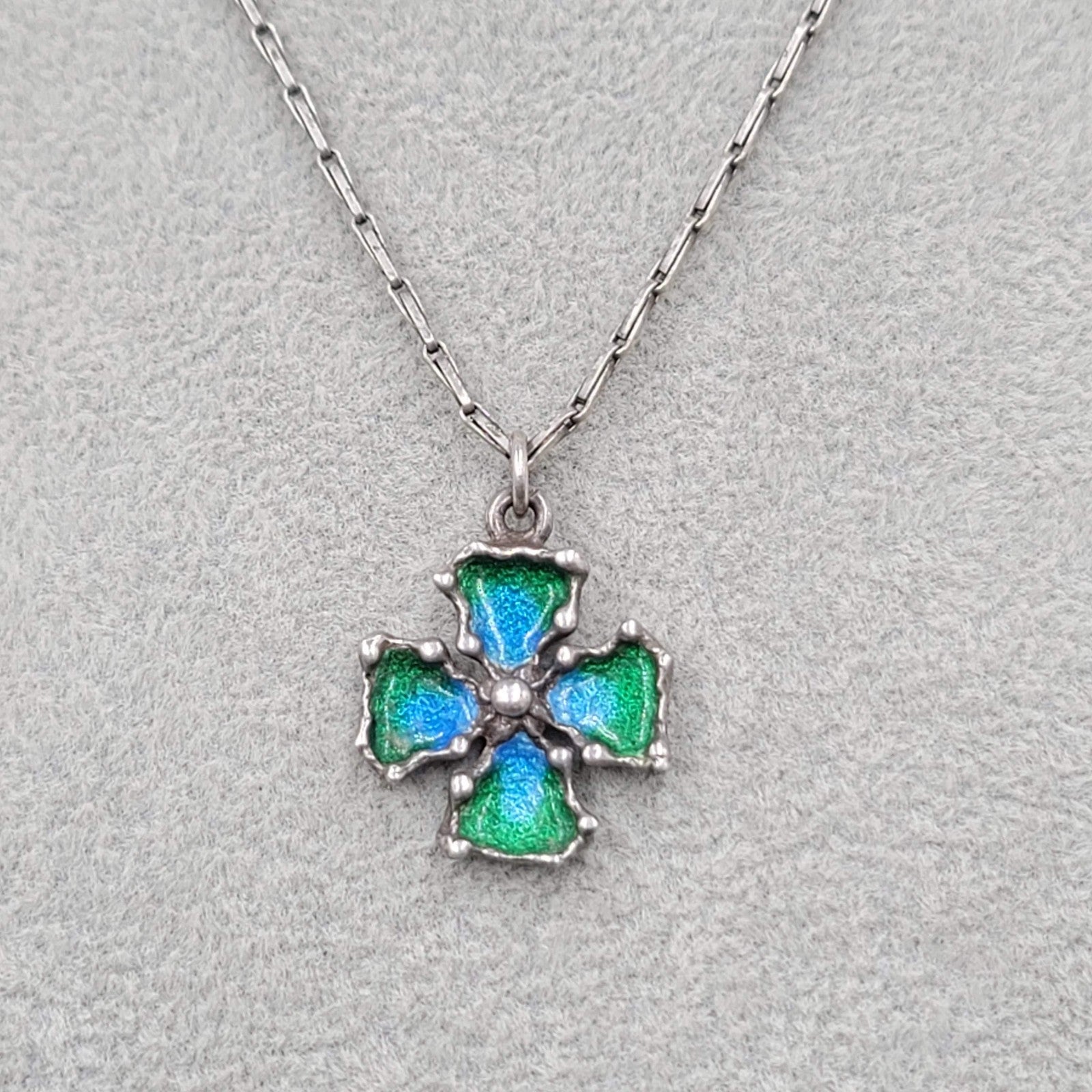 Vintage Signed Enamel Cross Pendant Sterling Silver Necklace 925   16 in