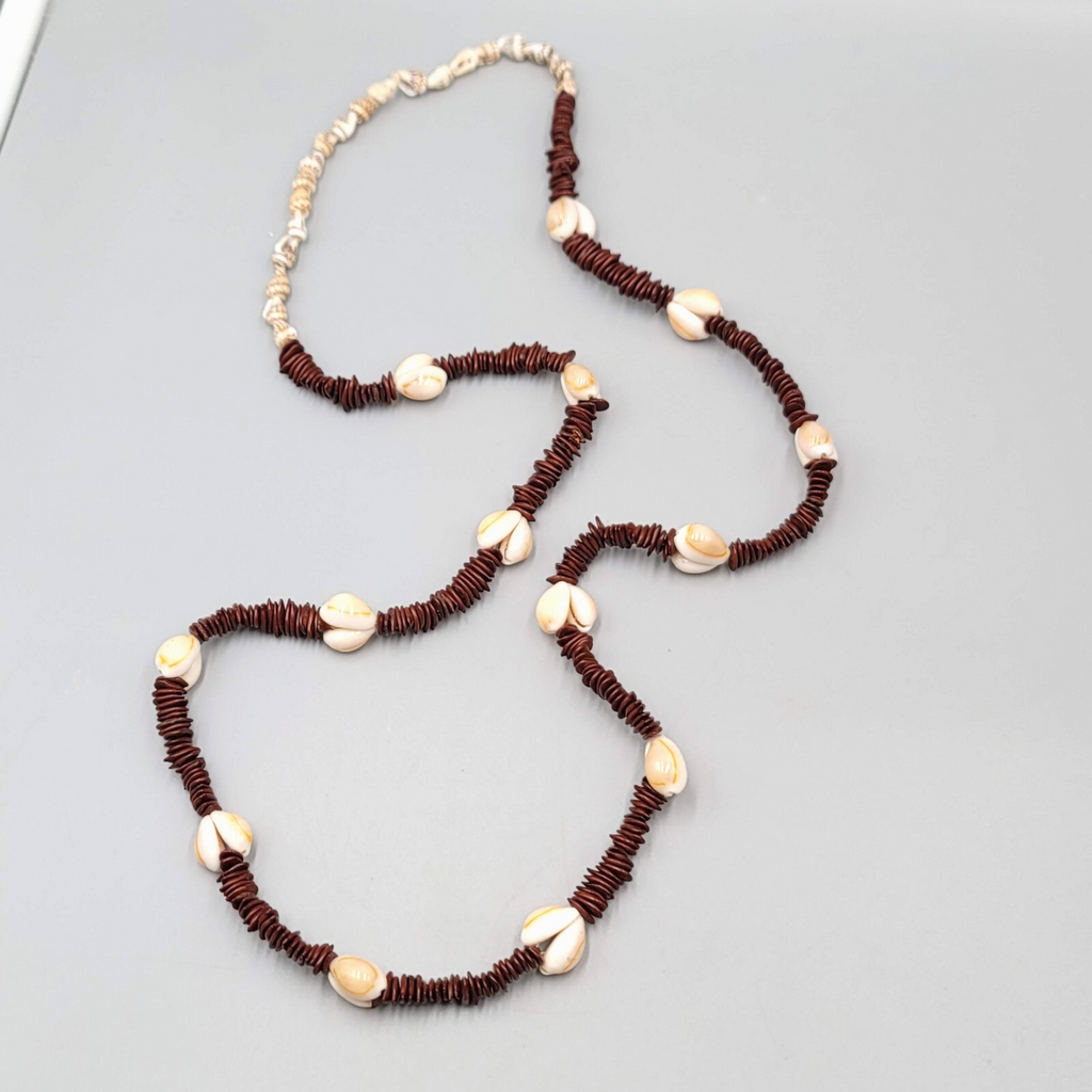 Vintage Apple Seed and Cowrie Shell Bead Necklace Long Handmade 37"