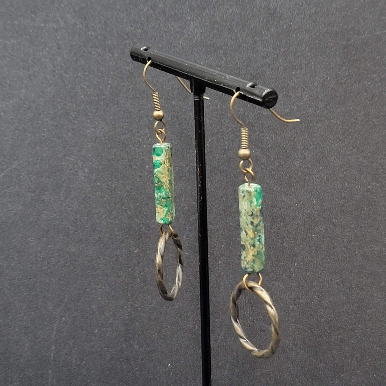 Pierced Earrings Bronze tone Green Stone Dangle 2"