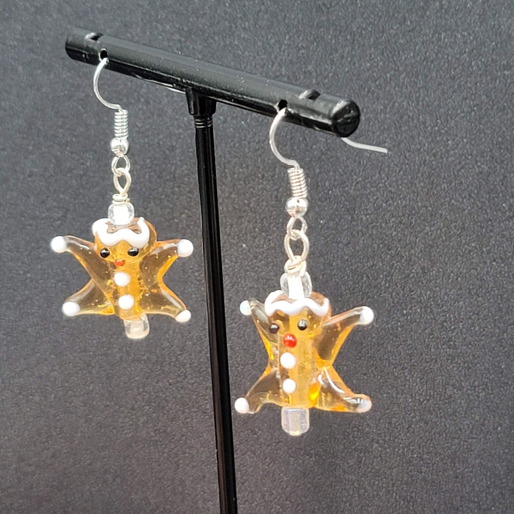 Art Glass Pierced Earrings Gingerbread Star Men Dangle 1"