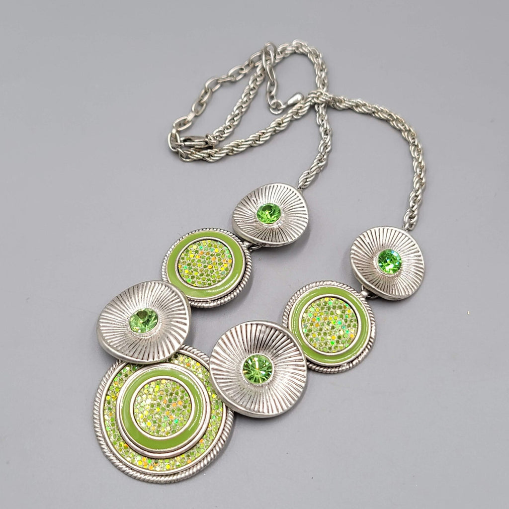 Green Rhinestone Necklace Silver tone Statement Adj 16"-19"