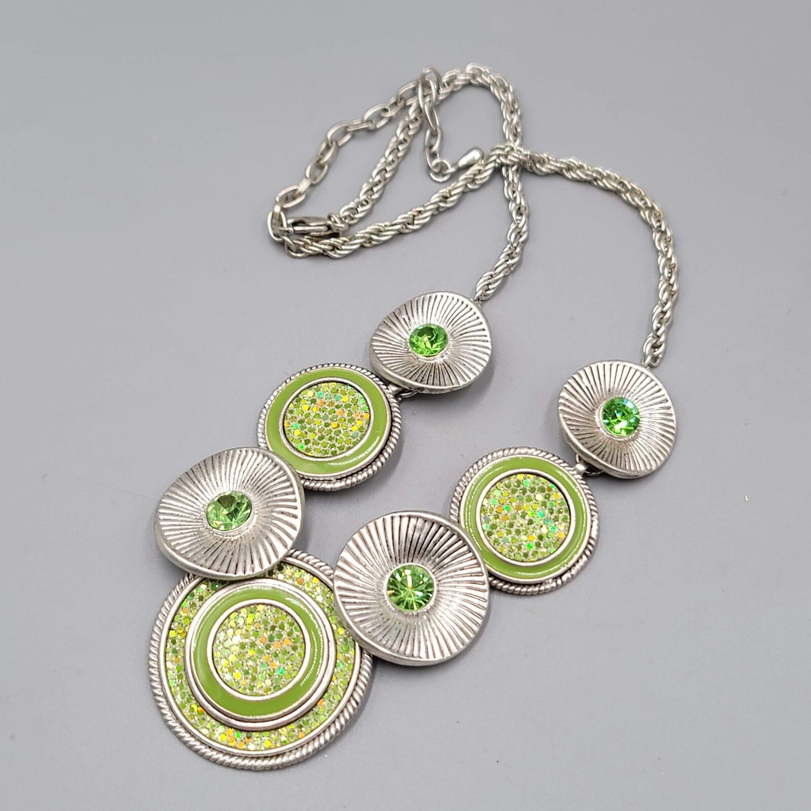 Green Rhinestone Necklace Silver tone Statement Adj 16"-19"