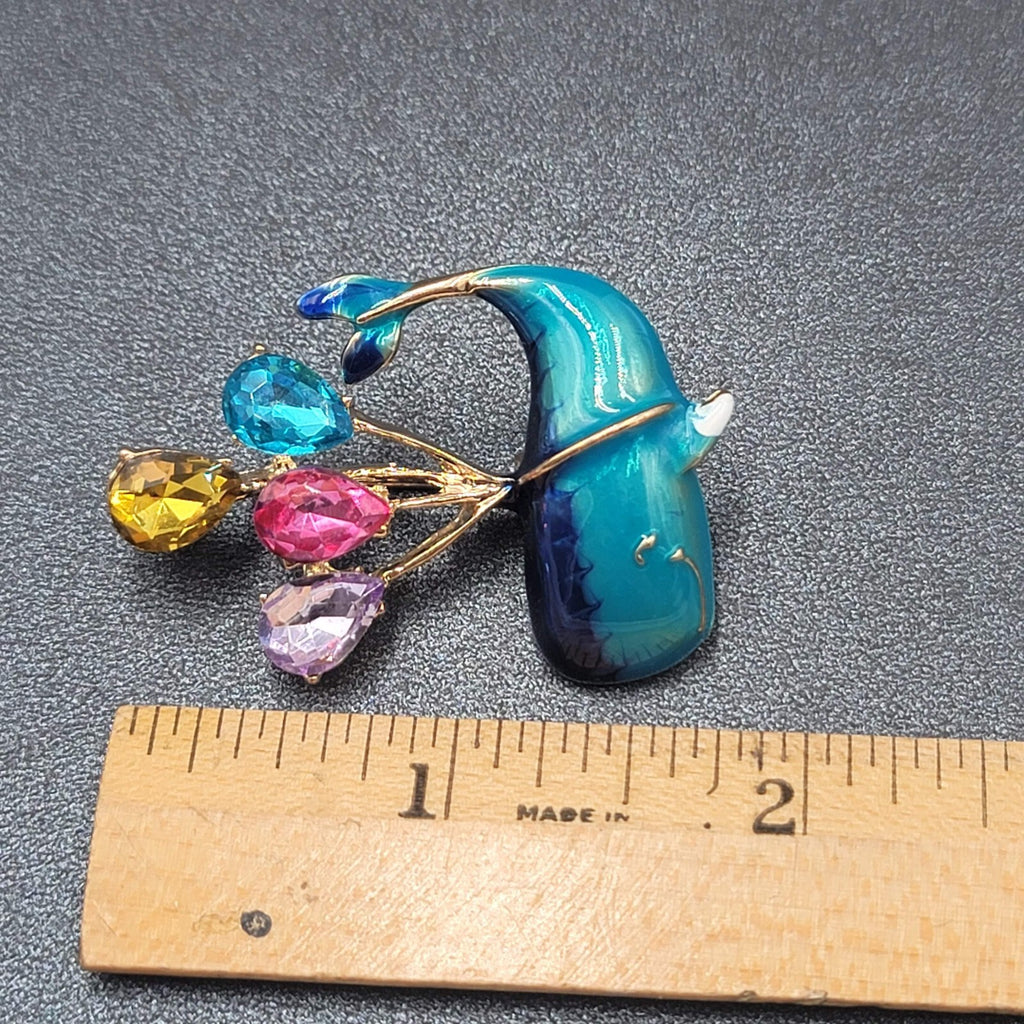 Crystal Rhinestone Whale Brooch Blue Enamel Multi Color Balloons 1 7/8"