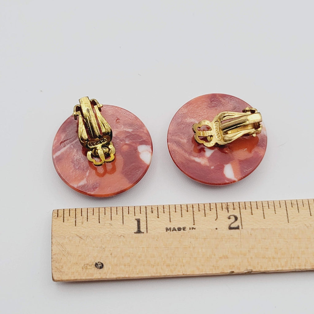 Vintage Confetti Red Round Clip on Earrings Acrylic Drop 1 1/8 in