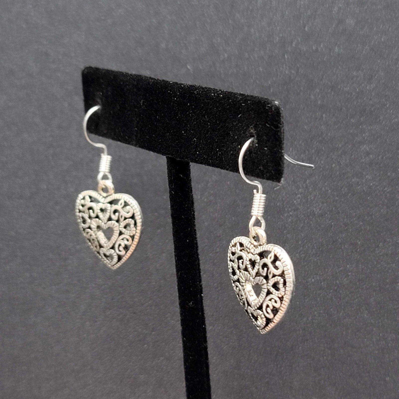 Heart Pierced Earrings Open Work Silver tone Dangle 3/4"
