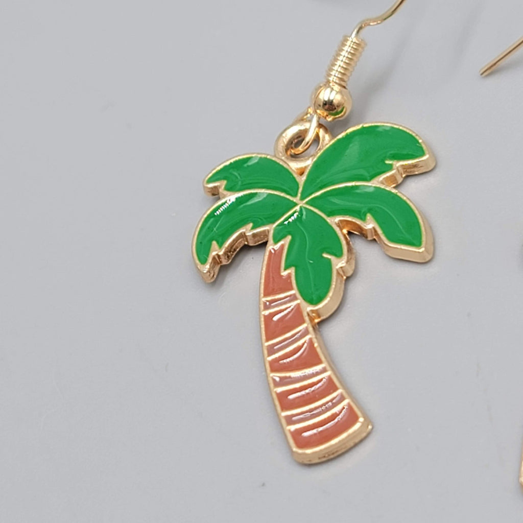 Enamel Palm Tree Pierced Earrings Island Vacation Gold tone Dangle 1 1/8"