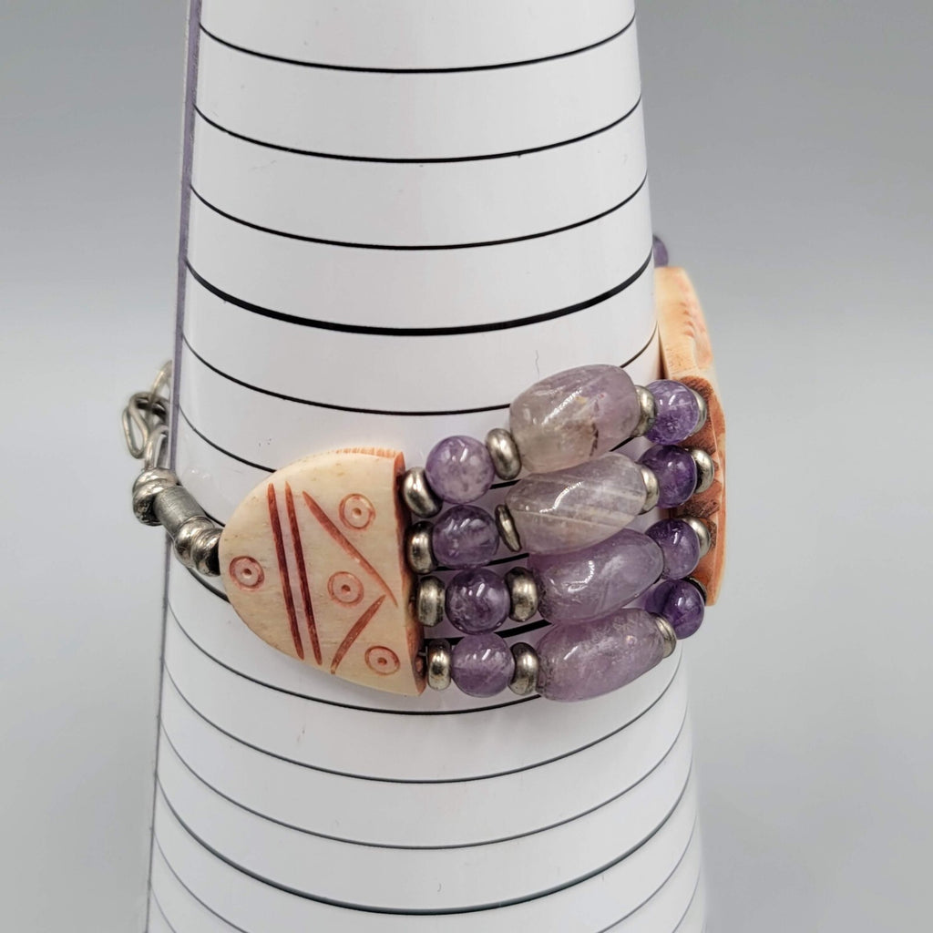 India Bracelet Hand Carved and Purple Amethyst Beads Silver tone 7 in