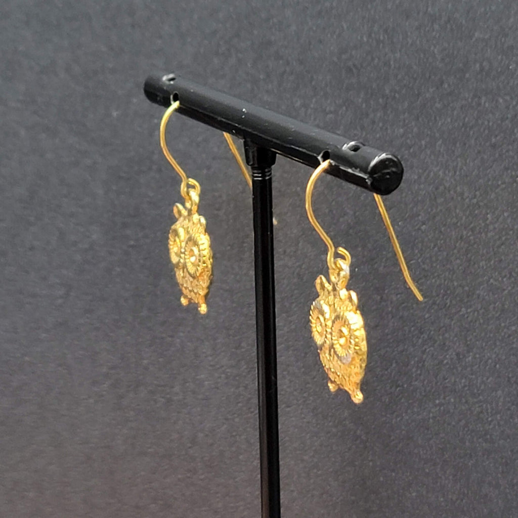 Pierced Earrings Gold tone Embossed Owl Dangle 5/8"