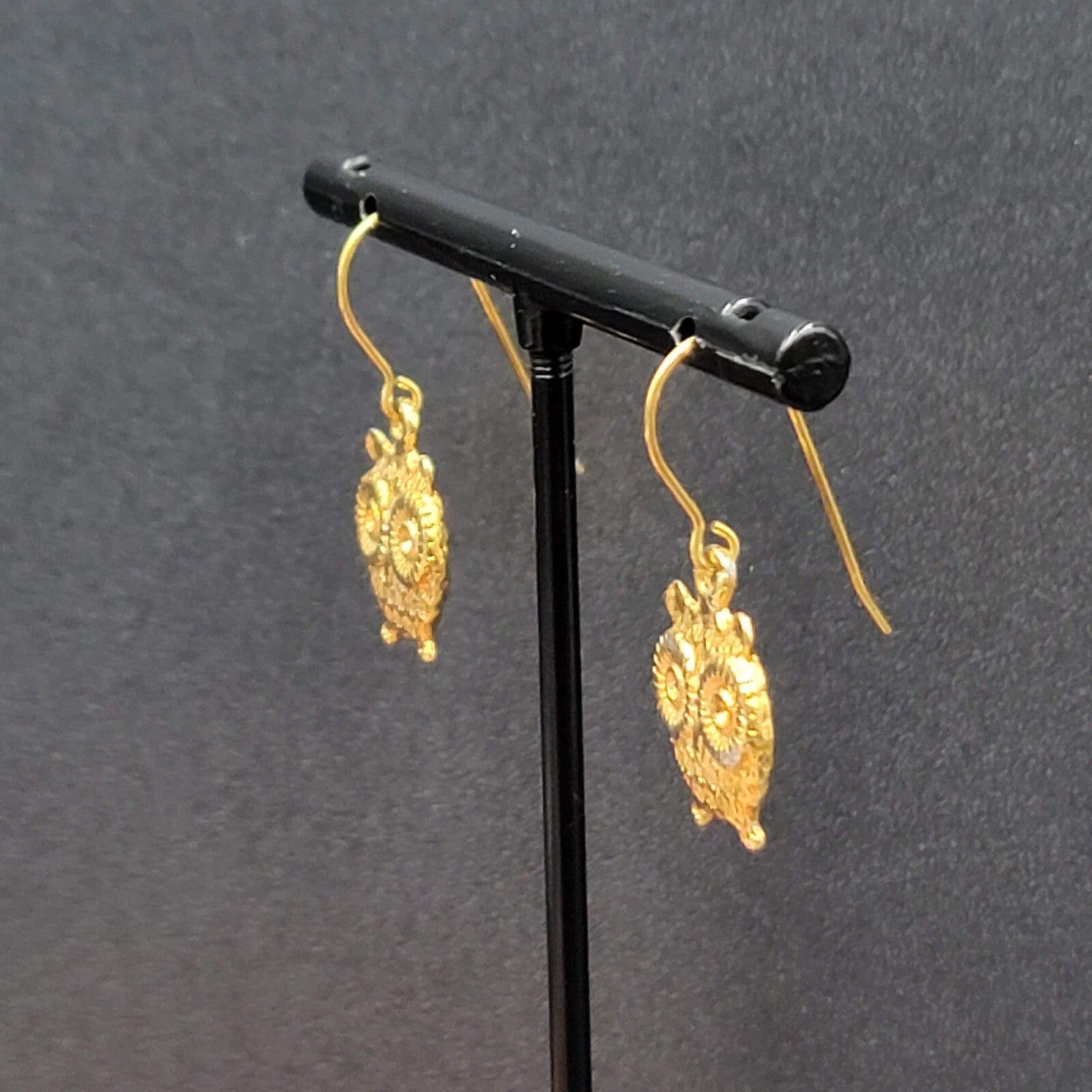Pierced Earrings Gold tone Embossed Owl Dangle 5/8"