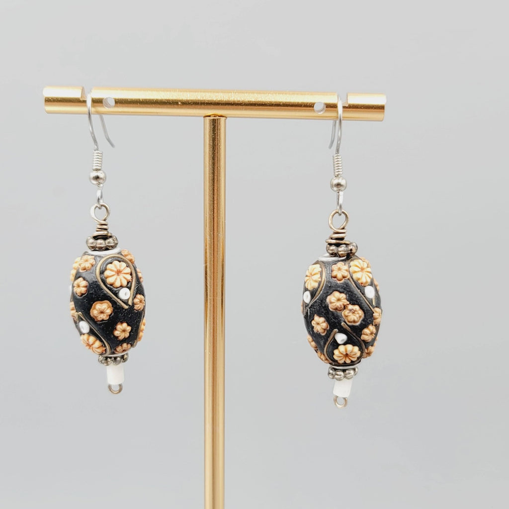 Handmade Floral Bead Pierced Earrings Boho Statement Dangle Silver tone 1.5"