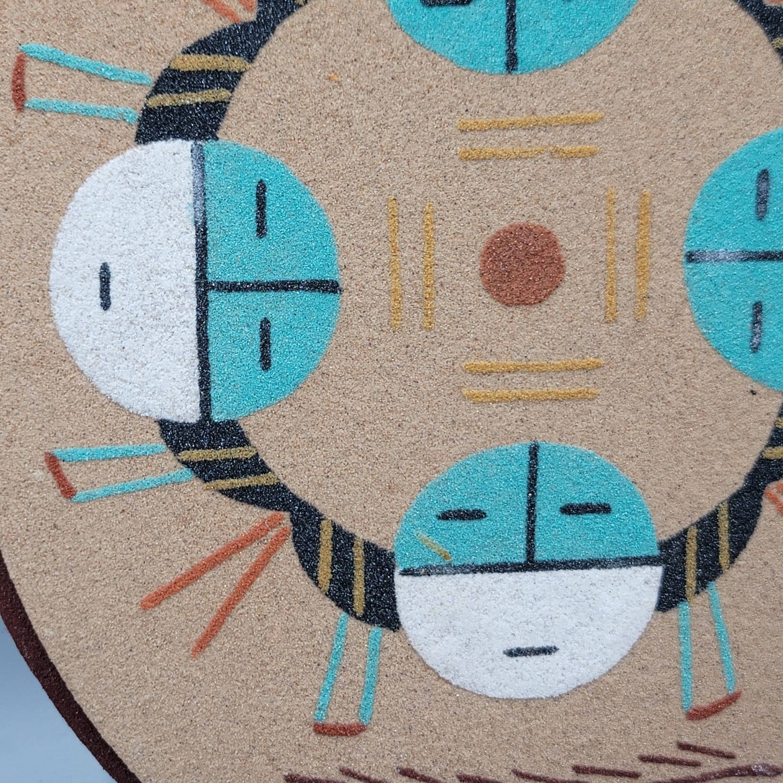 Vintage Navajo Sand Art Painting Wooden Base Signed Oval Houses of the Sun