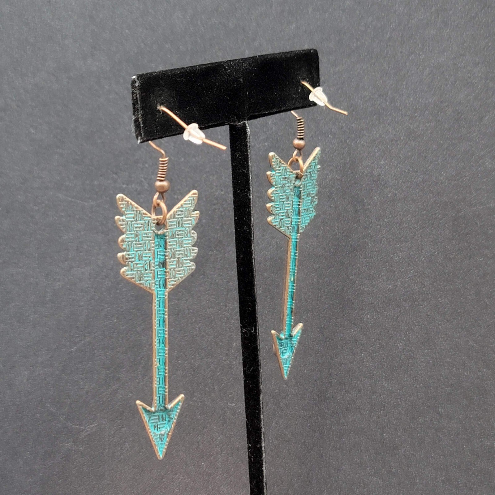 New Boho Pierced Earrings Copper tone Green Enamel Arrow Dangle 2.25"