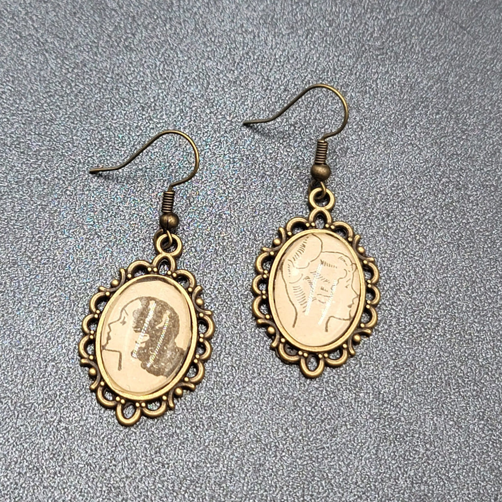 Pierced Earrings Bronze tone Glass Cabochon Updo Ladies Antique Drawings 1.25"