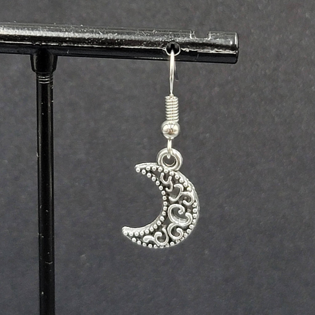 New MOON Pierced Earrings Silver tone Open Work Metal Dangle 5/8"