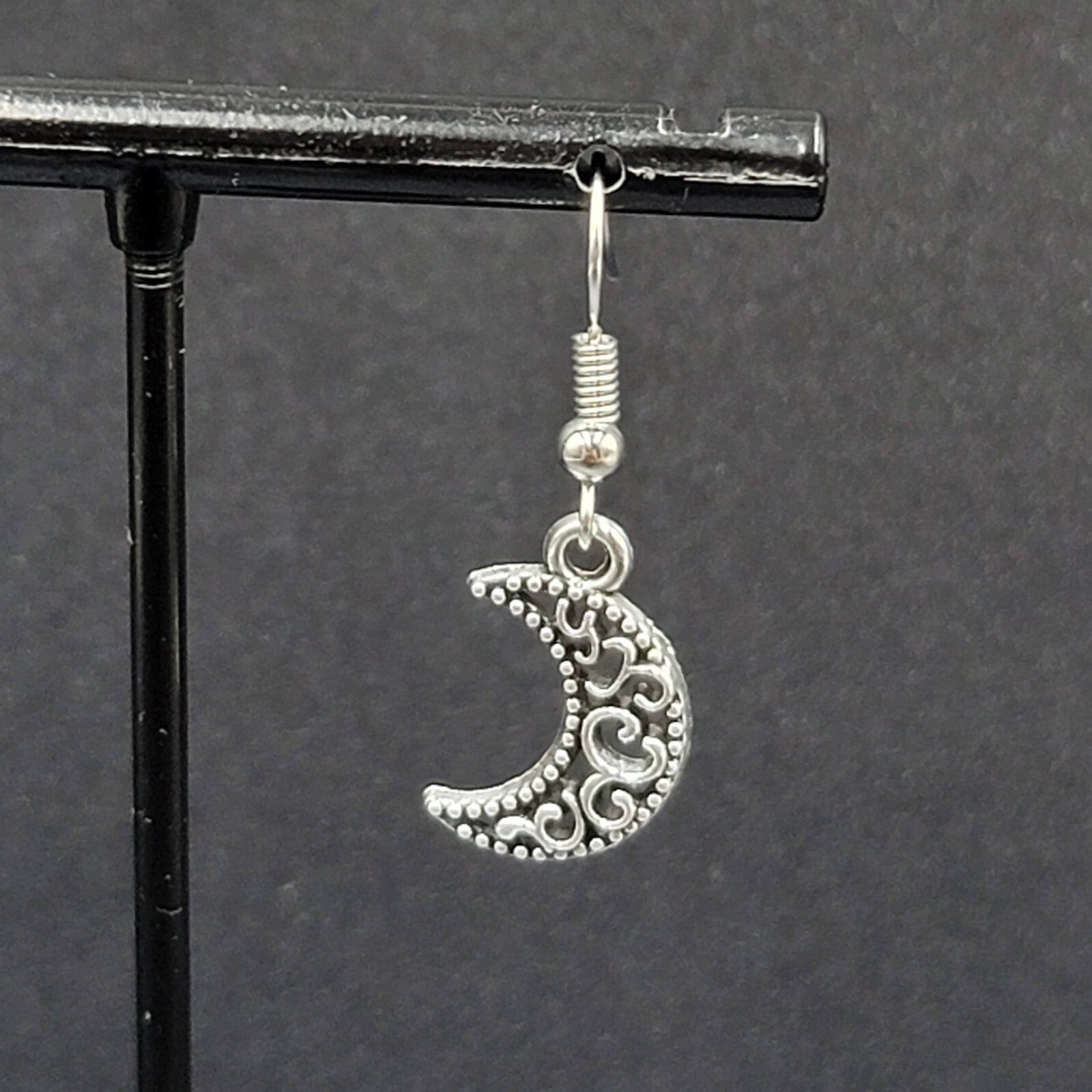New MOON Pierced Earrings Silver tone Open Work Metal Dangle 5/8"