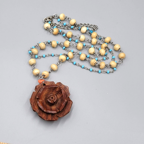 Boho Wood Rose Pendant Necklace Silver tone Double Glass Bead Chains 14"-17"
