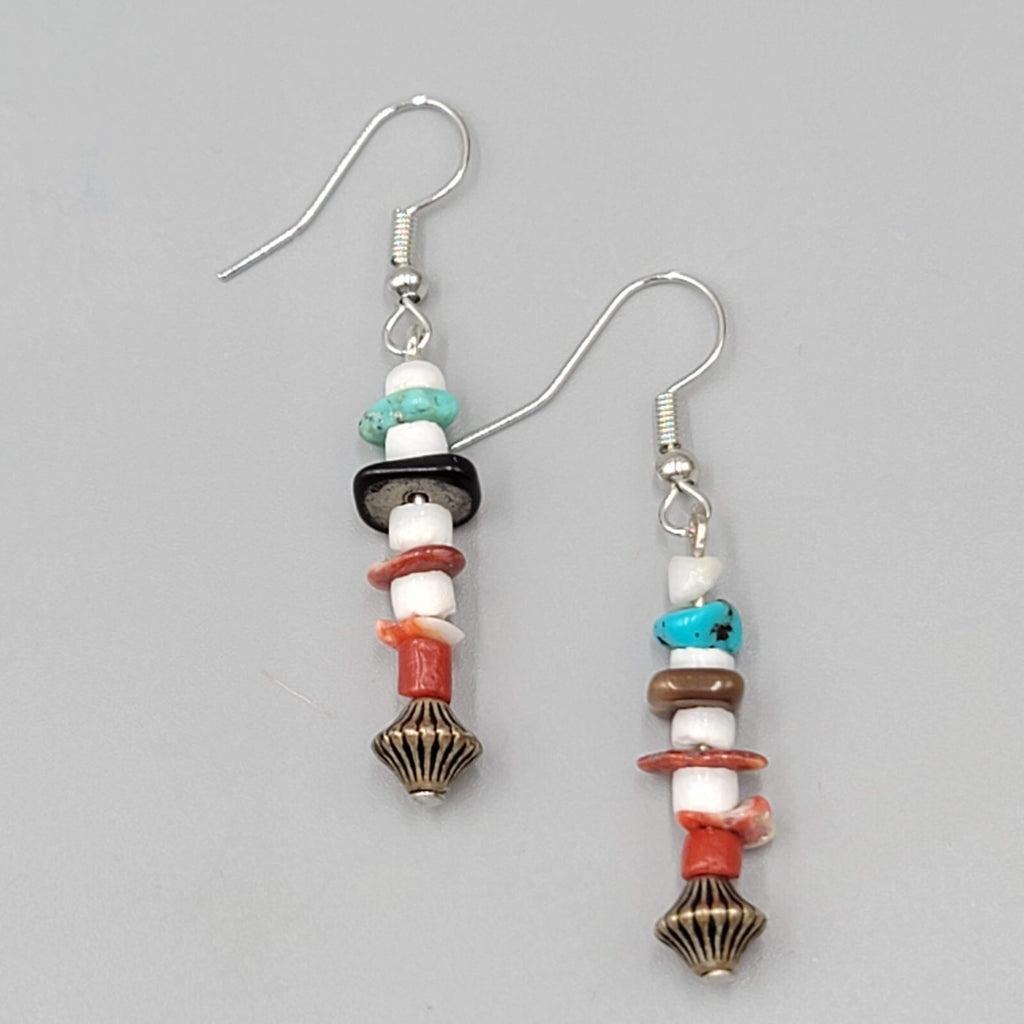 Pierced Earrings Multi Stone Boho Dangle Silver tone 1.25"