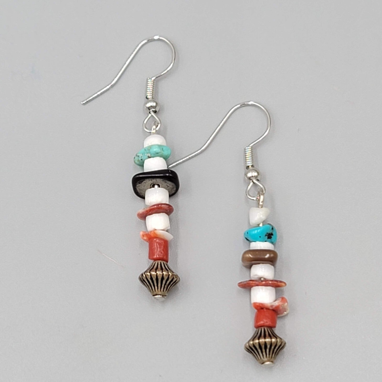 Pierced Earrings Multi Stone Boho Dangle Silver tone 1.25"