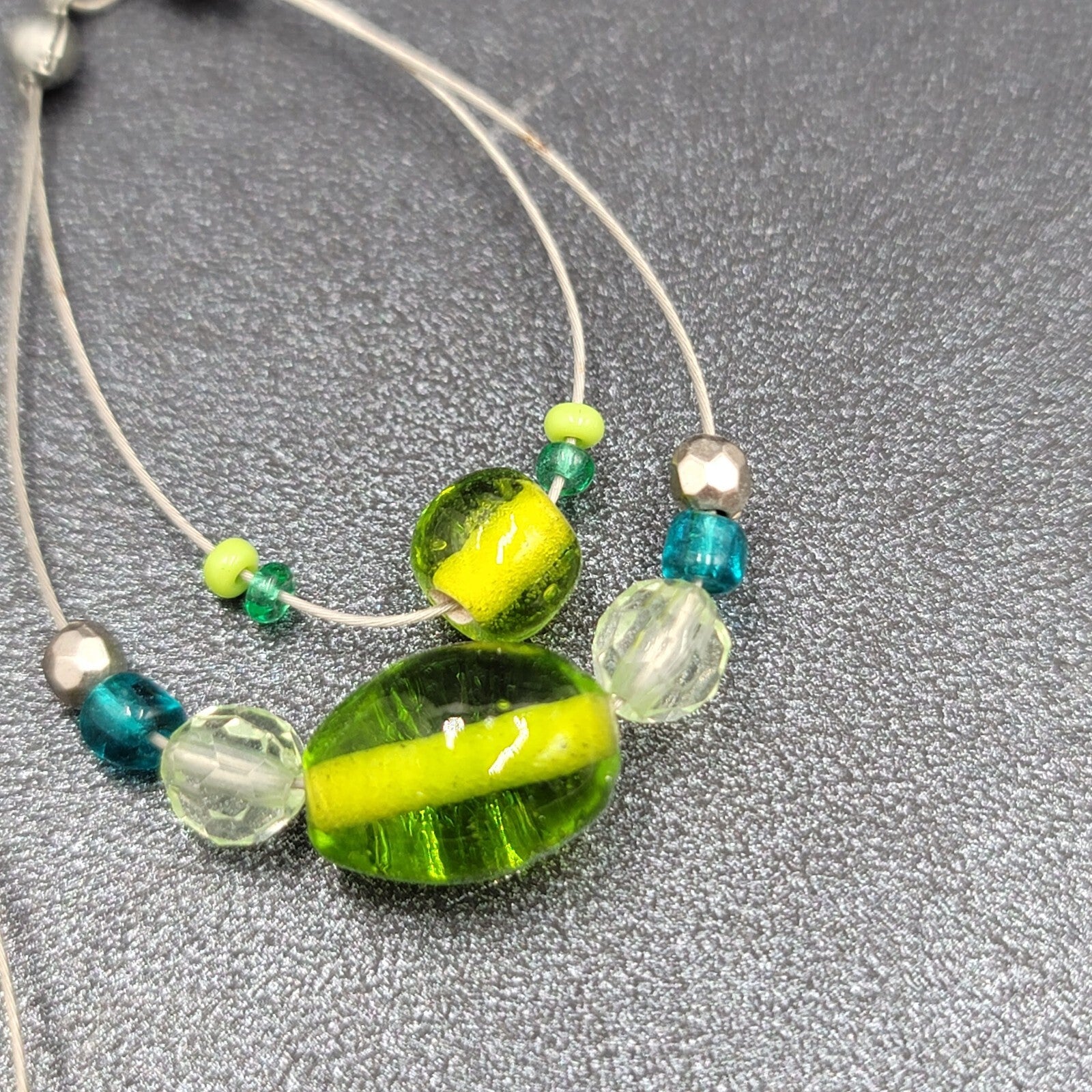Pierced Earrings Silver tone Green Blue Glass Beads Statement Hoops 2 1/8"