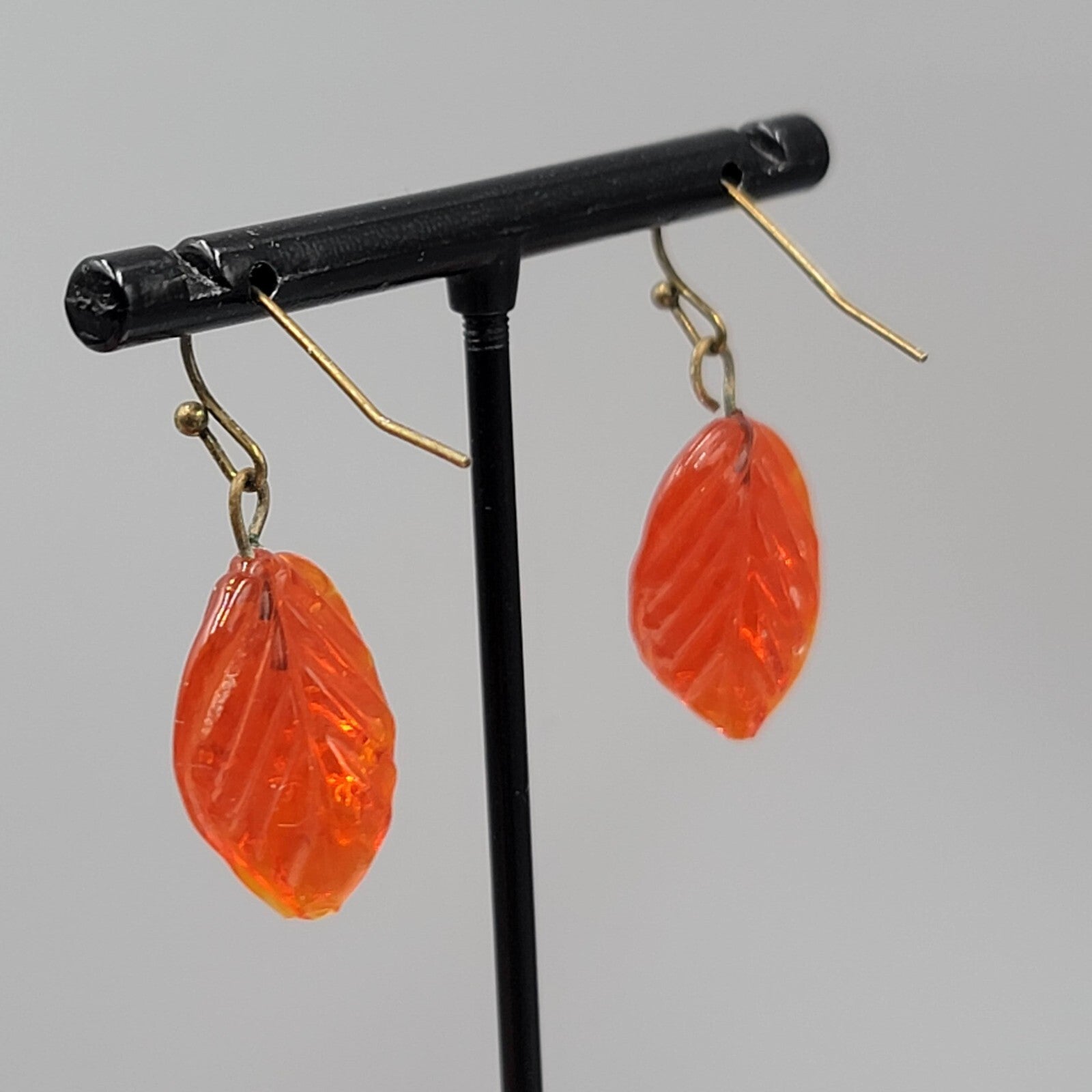 Orange Glass Leaf Pierced Earrings Bronze tone Dangle 1"