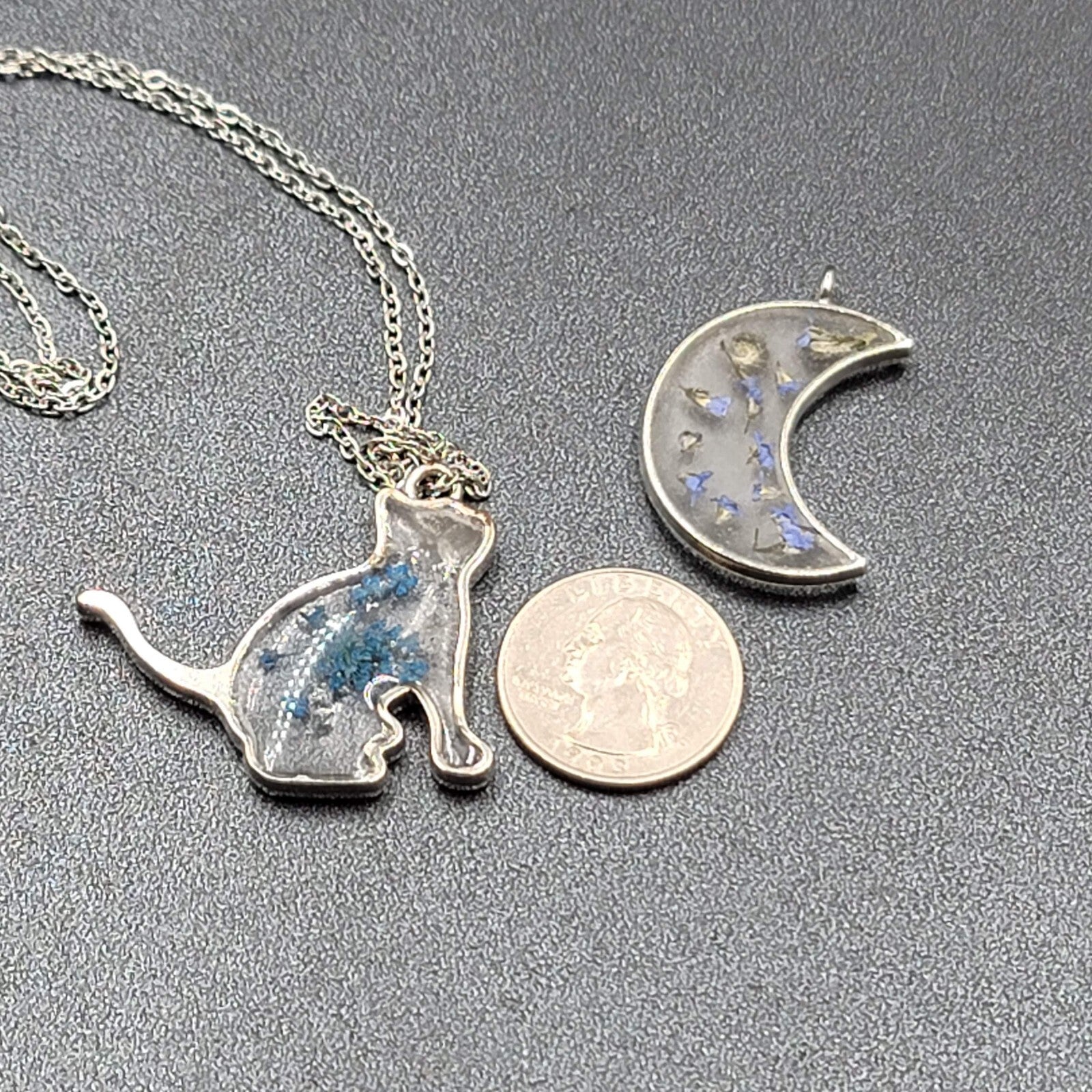 Cat Moon Necklace Silver tone Real Flower Resin Pendants 2 & one chain 18"