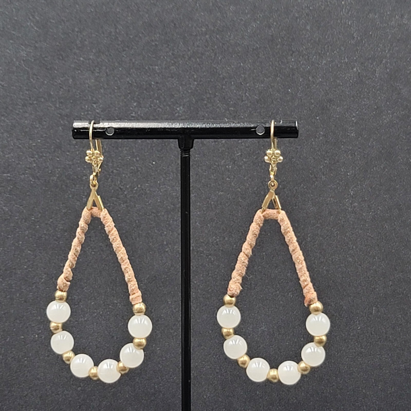 Pierced Earrings Gold tone Leather Wrapped Beaded Teardrop Dangle 2.25"