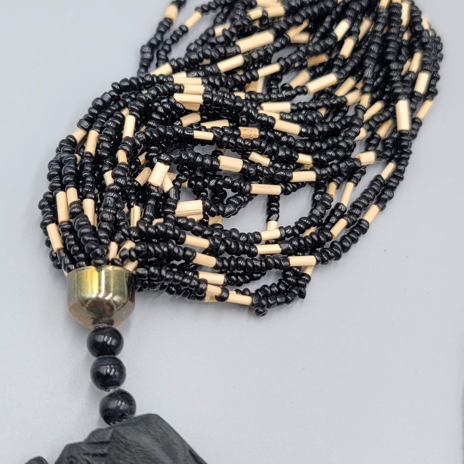 Large Statement Elephant Necklace Black Seed Bead Multi Strand 42"