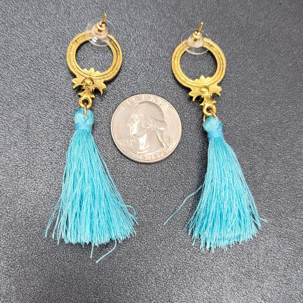 Pierced Earrings Gold tone Blue Tassel Rhinestone Statement Dangle 2.5"
