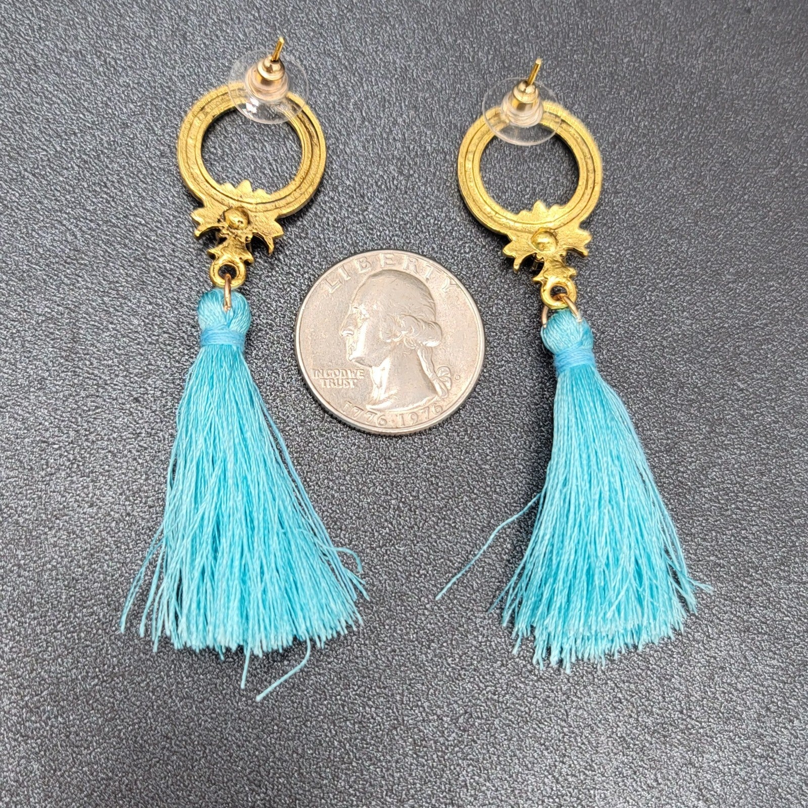 Pierced Earrings Gold tone Blue Tassel Rhinestone Statement Dangle 2.5"