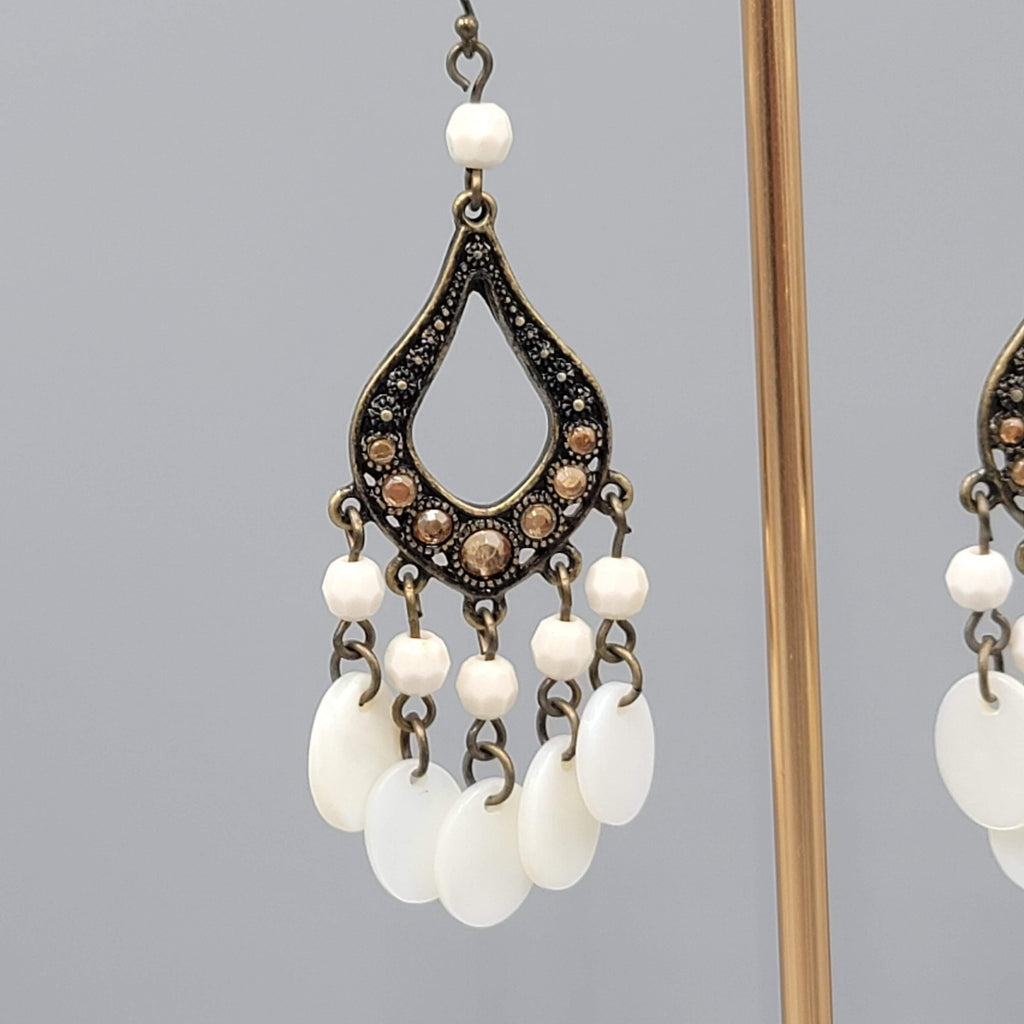 Chandelier Mother of Pearl Pierced Earrings Bronze tone Dangle 2.75 in