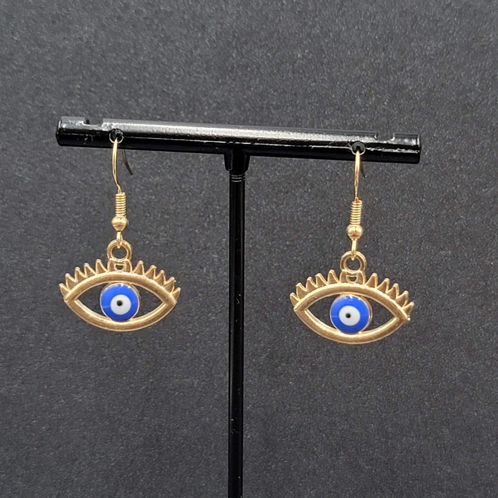 New Evil Eye Pierced Earrings Gold tone Enamel Dangle 3/4"