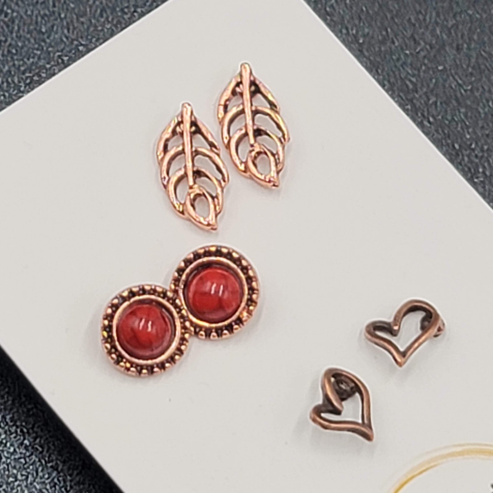 Pierced Earrings Copper tone Studs Open Heart Leaf Red Accent