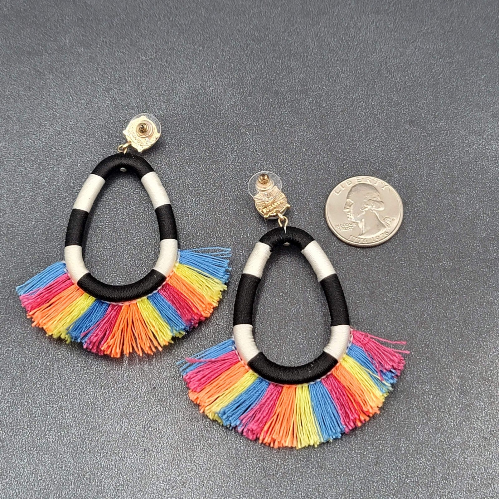 SugarFix Pierced Earrings Rainbow Black White Tassel Dangle Hoops 3"
