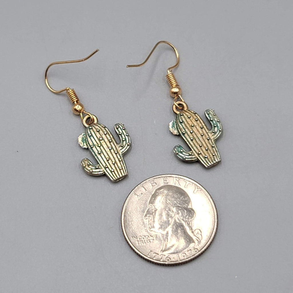 Saguaro Cactus Pierced Earrings Gold tone Dangle 3/4"