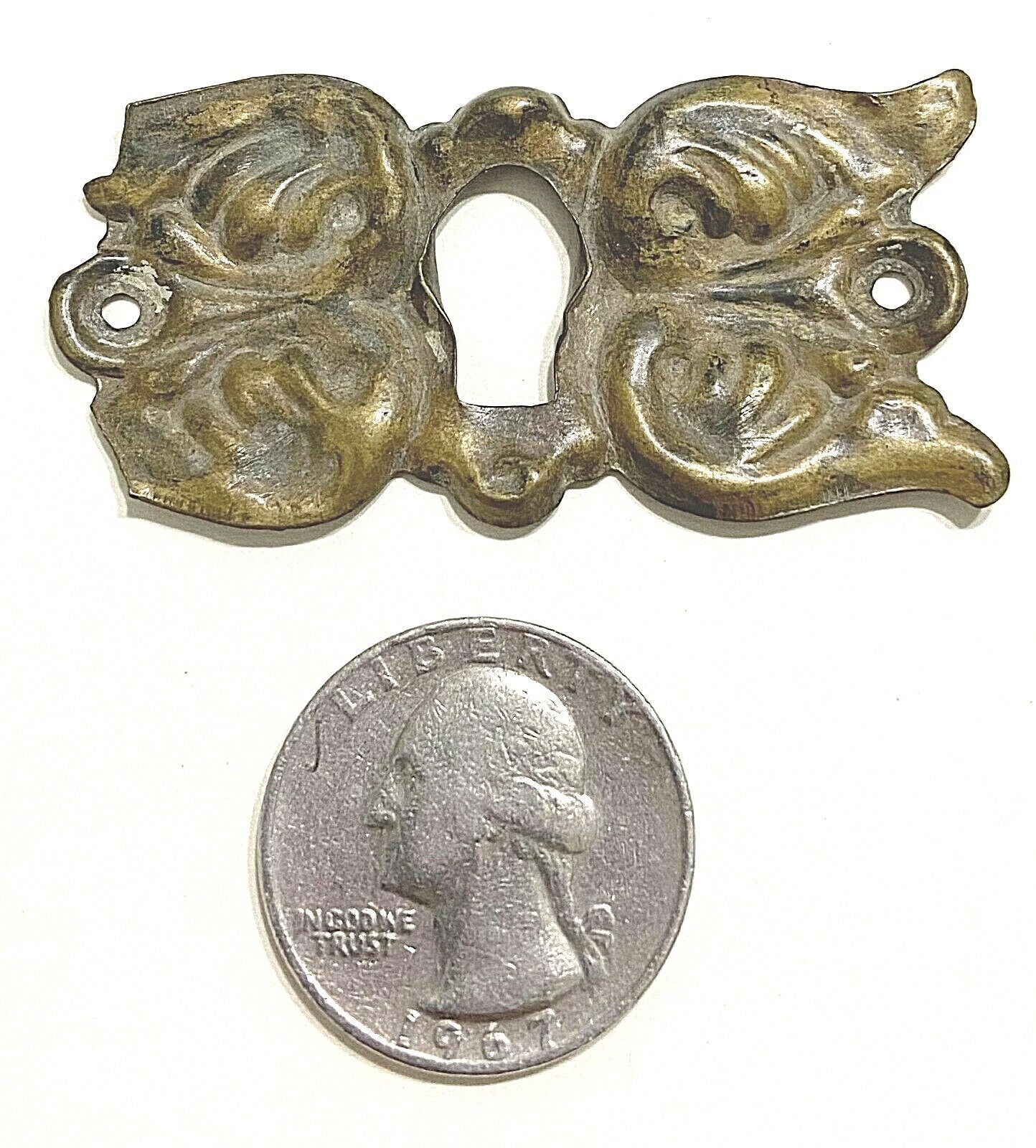 Vintage Brass Skeleton Key hole Escutcheon  2 1/4" x 1"