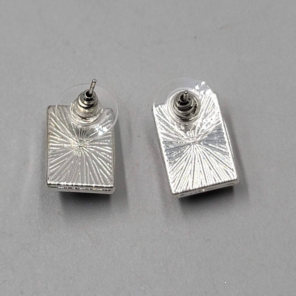 Silver  tone Drop Pierced Earrings Multicolor Striped Acrylic Rectangle 5/8"