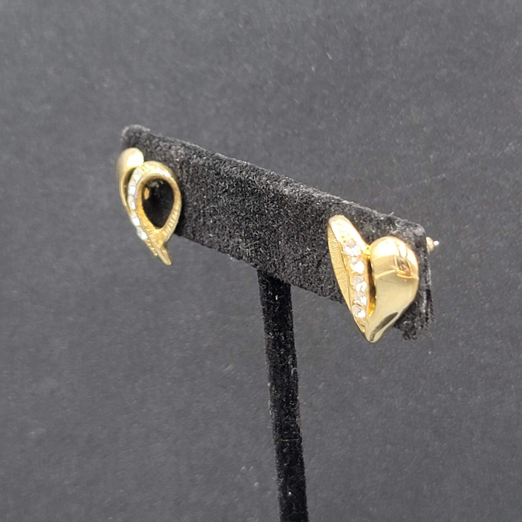 Vintage Pierced Earrings Gold Plated Crystal Heart Studs 3/4"